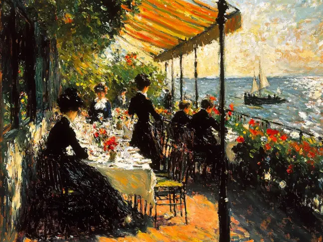 a group of people having afternoon tea by the lake of impressionism style created with piclumen ai art generator