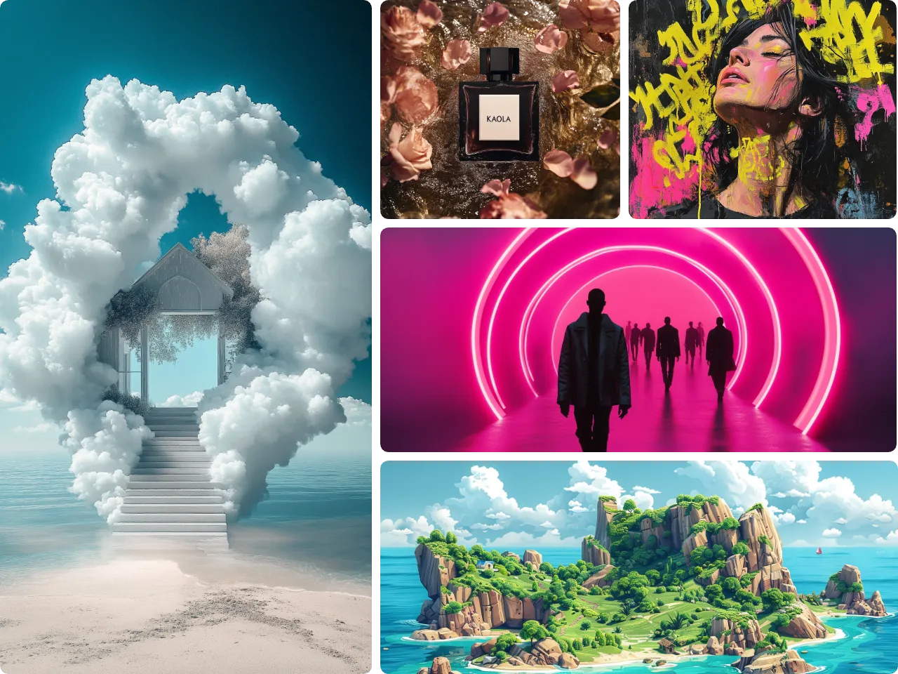 five art pieces of various styles using piclumen ai art generator