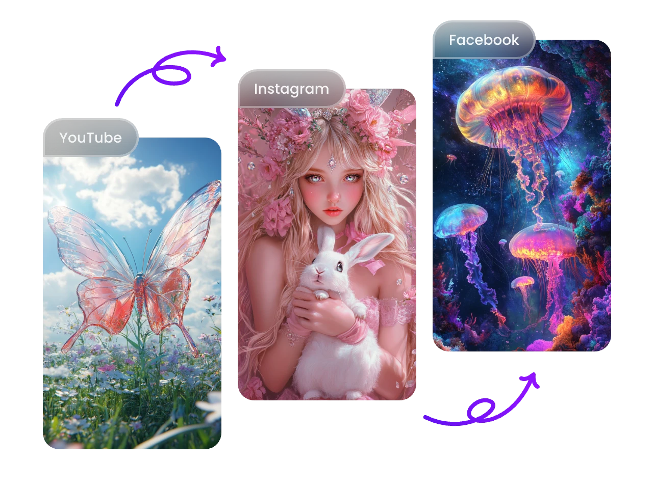 three art work of butterfly, girl and jellyfish for different platforms