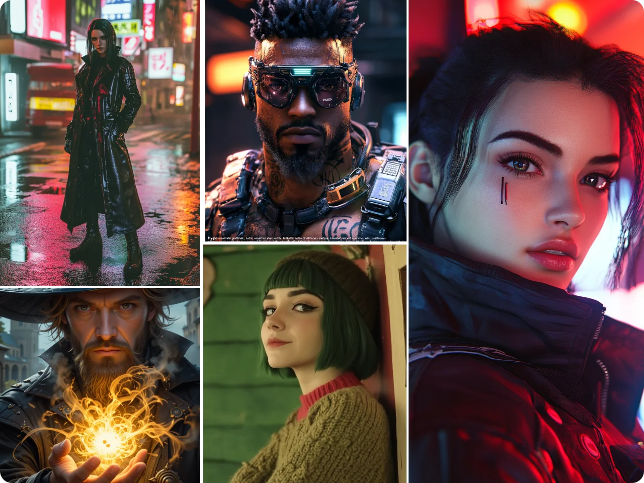 Um gerador humano produz um lutador cyberpunk, um soldado de ficção científica, uma garota realista, um mago de fantasia e um retrato de personagem elegante