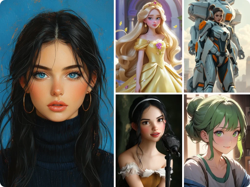 Portraits féminins stylisés dans différents styles réalisés avec un générateur de filles IA, y compris des personnages d'anime, de fantasy, de science-fiction et semi-réalistes