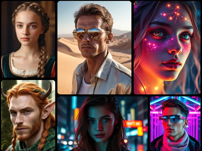 Portraits réalistes et fantastiques réalisés avec un générateur de visages IA, incluant des styles médiévaux, cyberpunk et science-fiction