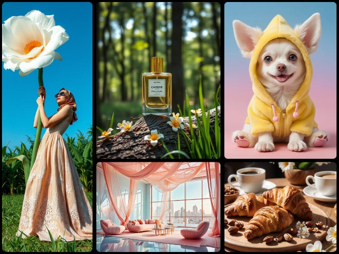 Scènes réalistes générées par l'IA, comprenant la nature, la nourriture, le parfum, un intérieur de luxe et un chien mignon, réalisées avec un générateur d'art IA réaliste