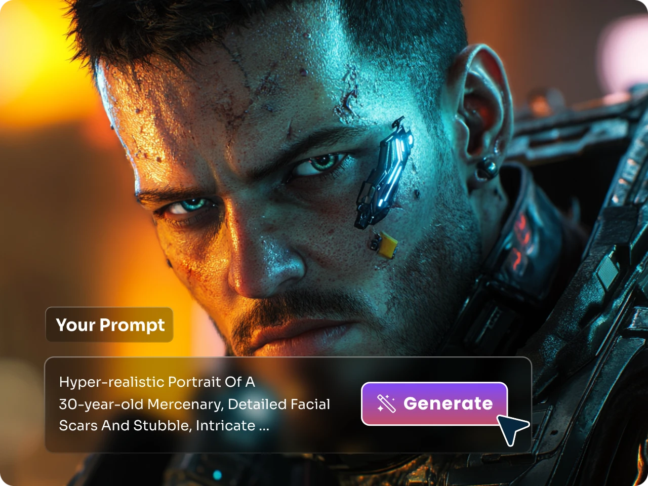 portrait hyperréaliste d'un mercenaire cyberpunk avec générateur humain IA