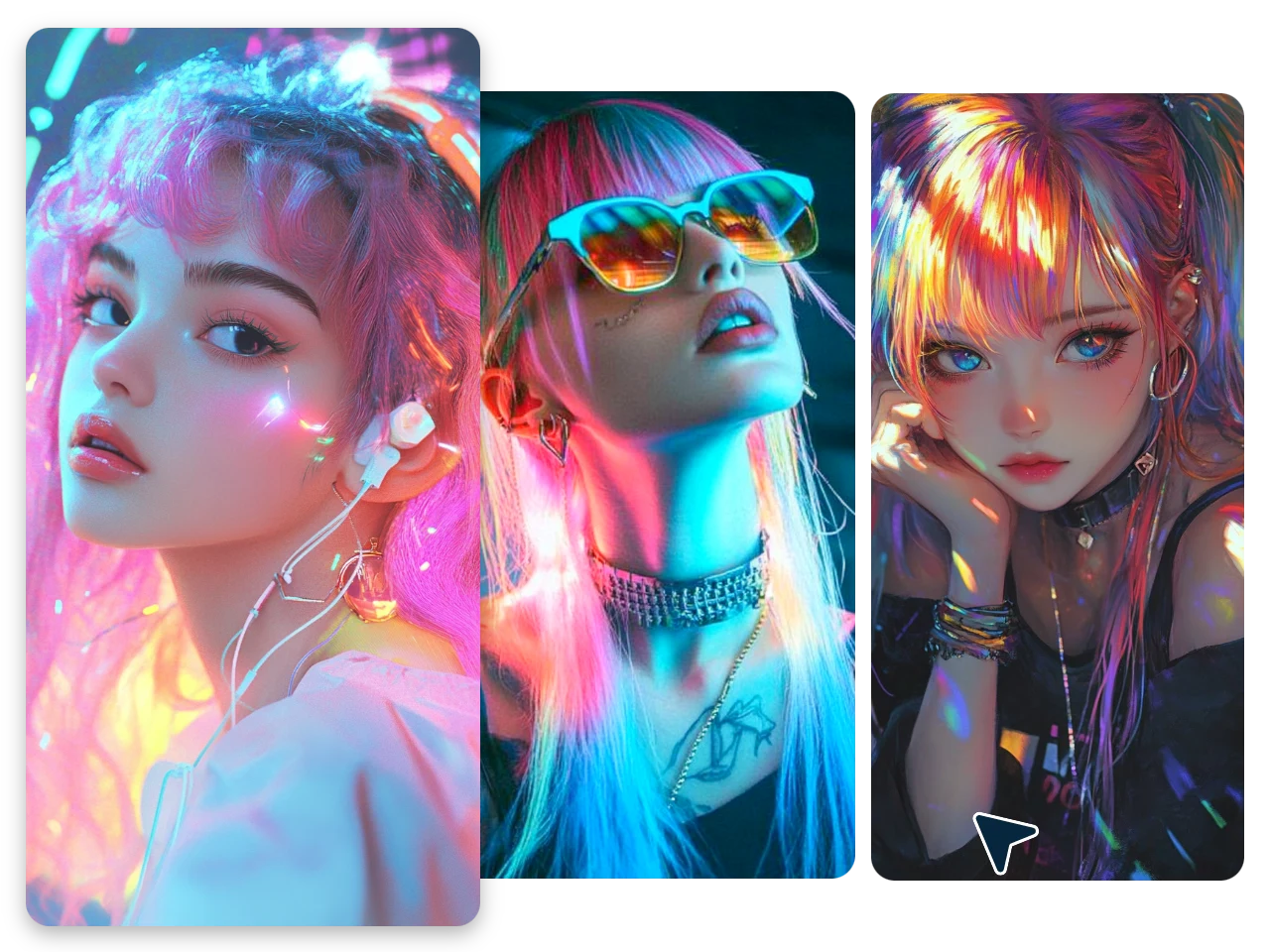 portraits féminins générés par l'IA présentant divers styles réalistes, de dessins animés et d'anime