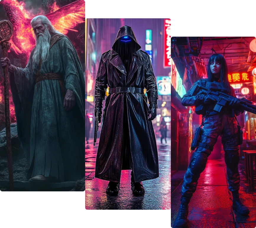 un generador de inteligencia artificial crea personajes de mago fantástico, asesina futurista y soldado ciberpunk