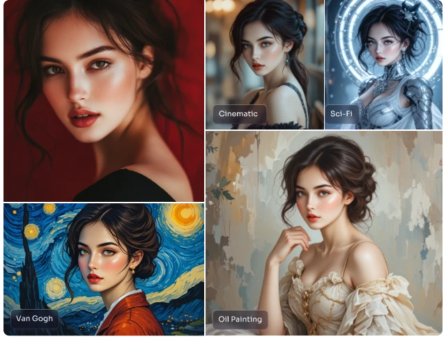 female portrait rendered in four distinct styles using piclumen image to image ai