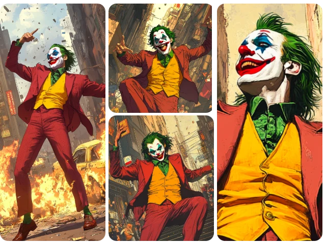 four comic book illustrations of the Joker in varied poses generated from reference photo of joker's face