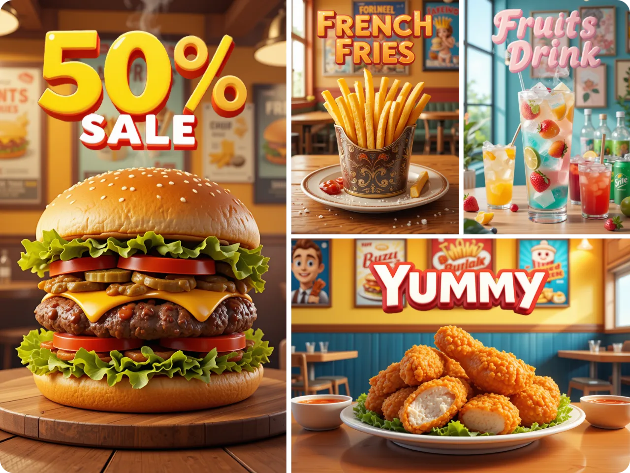 four food product posters in consistent 3D cartoon style generated by image to image ai