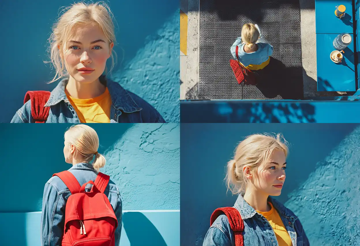 cuatro perspectivas de una mujer rubia que lleva una mochila roja junto a una pared azul