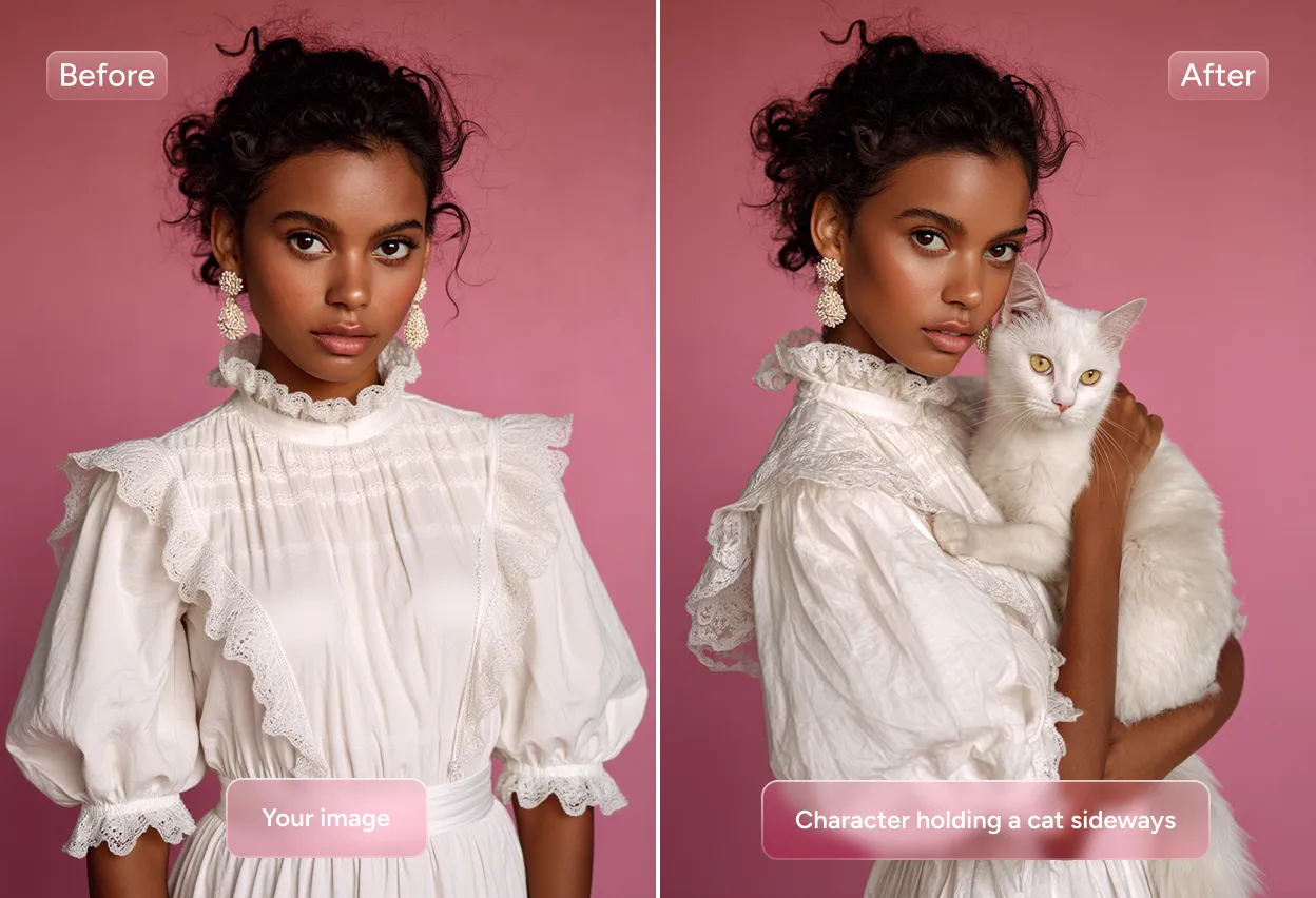 comparación del antes y el después de añadir un gato a las manos de una mujer vestida de blanco