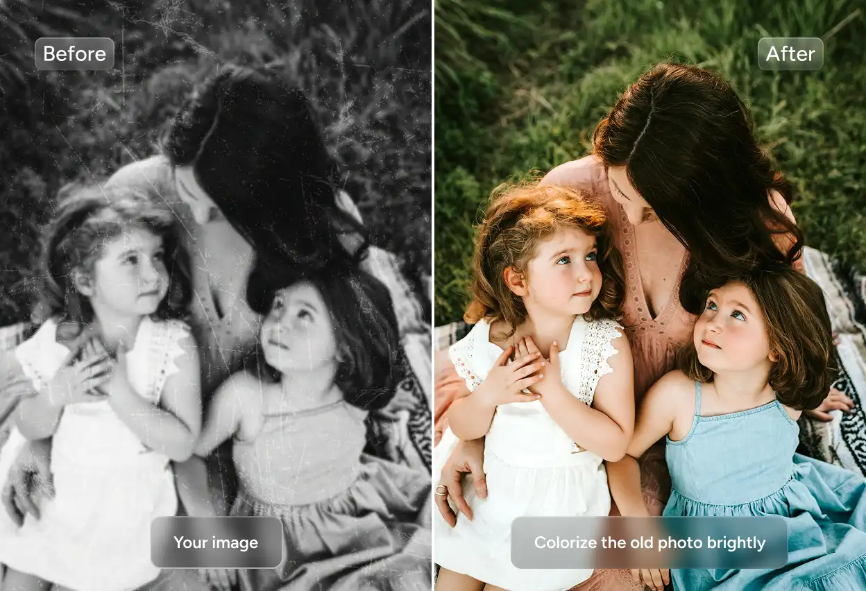 efectos antes y después de colorear brillantemente una vieja foto de grupo con nano banana