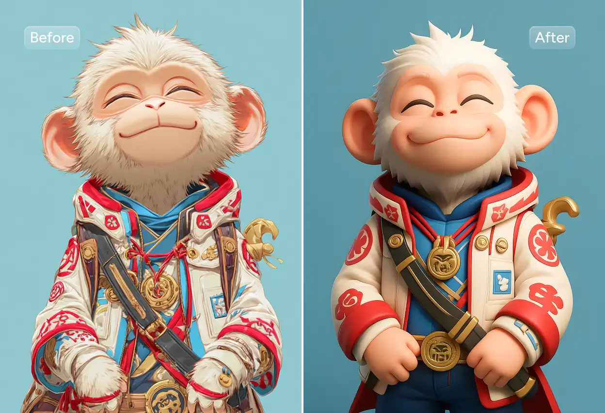 comparación del antes y el después de transformar un mono sonriente de dibujos animados 2d en un efecto 3d