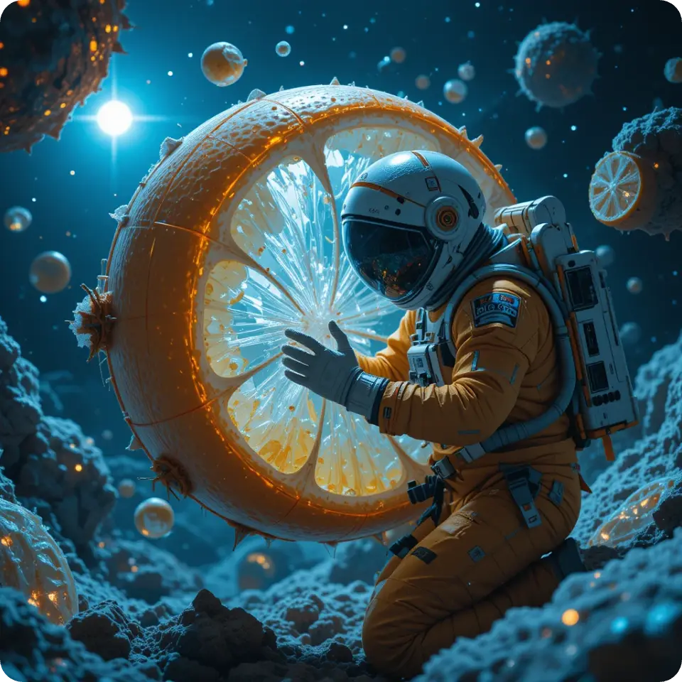 ai art of an astronaut holding a slice of orange in the outer space