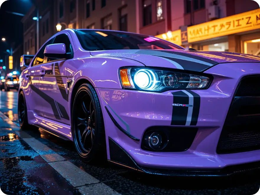 ai image of a purple car driving through a city street at night