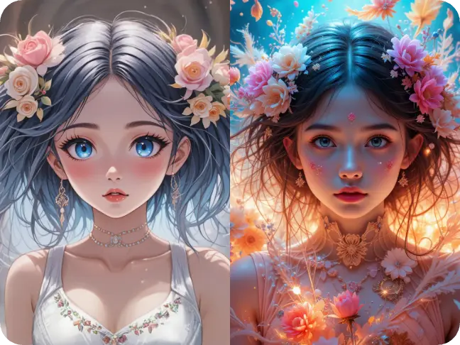 before and after comparison showing an anime character transformed into a realistic style