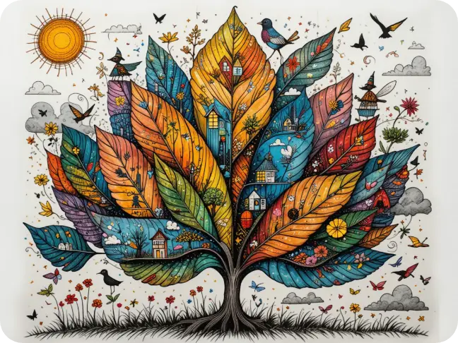 cartoon illustration of a leafy tree with rounded shapes