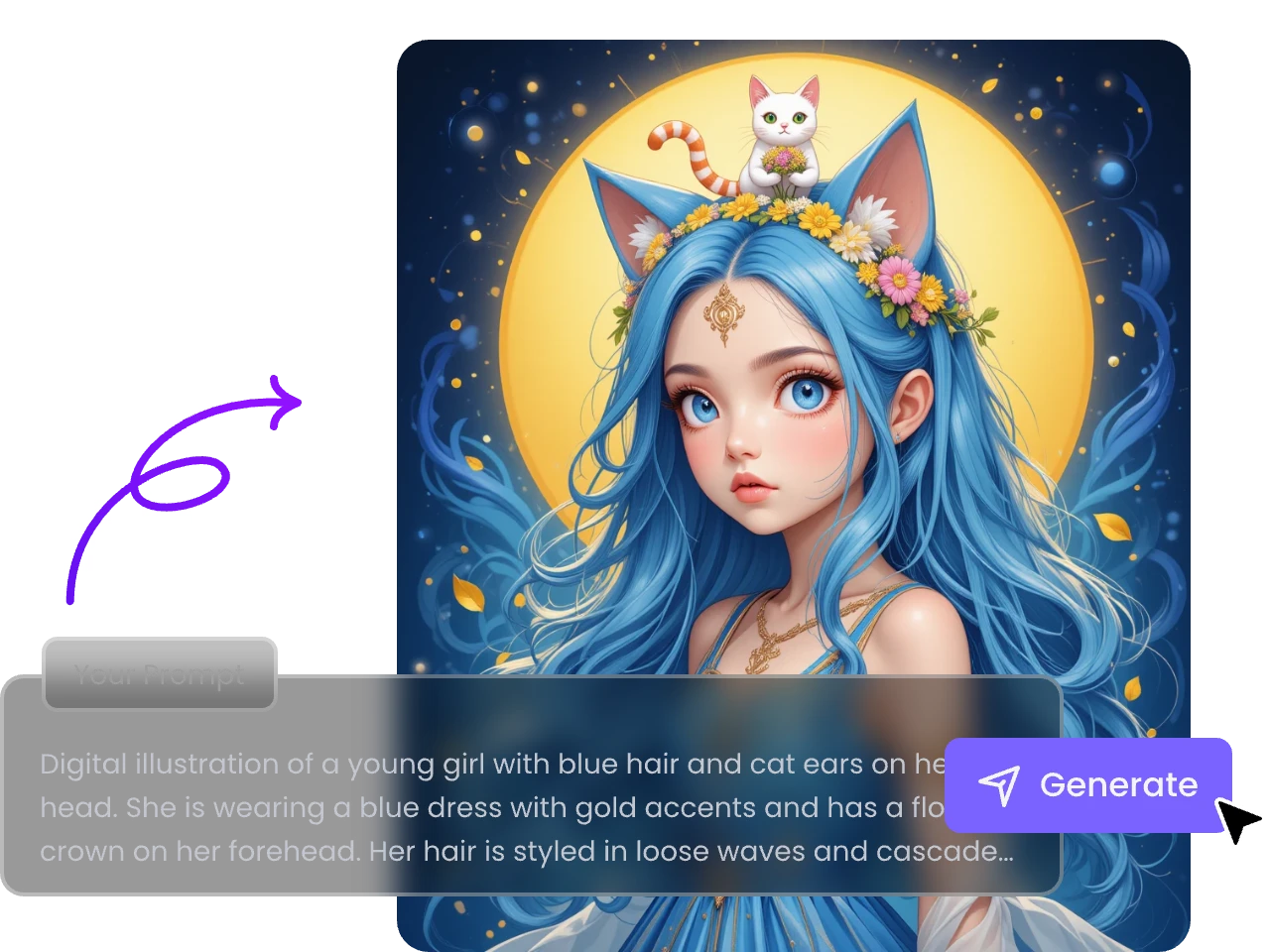 cartoon-style ai illustration of a girl sitting with a cat generated from text