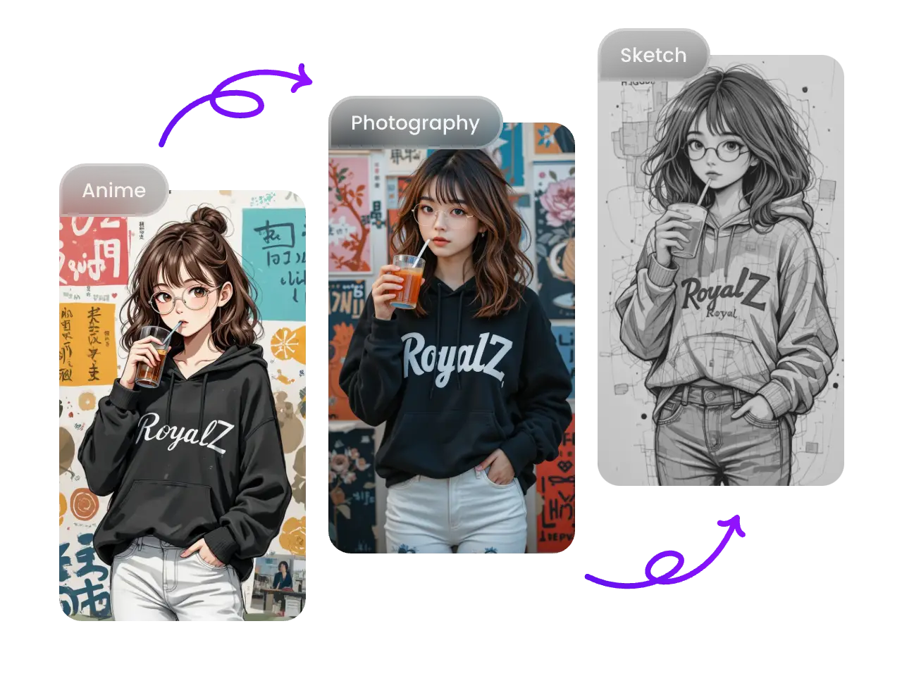 girl wearing a black hoodie rendered in multiple artistic styles