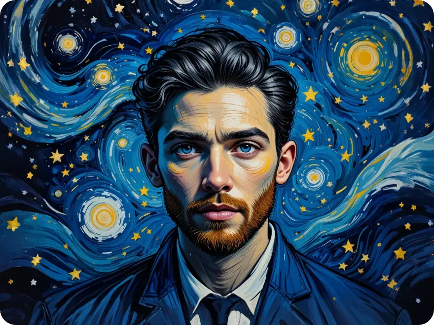 Male portrait illustrated in the style of Van Gogh