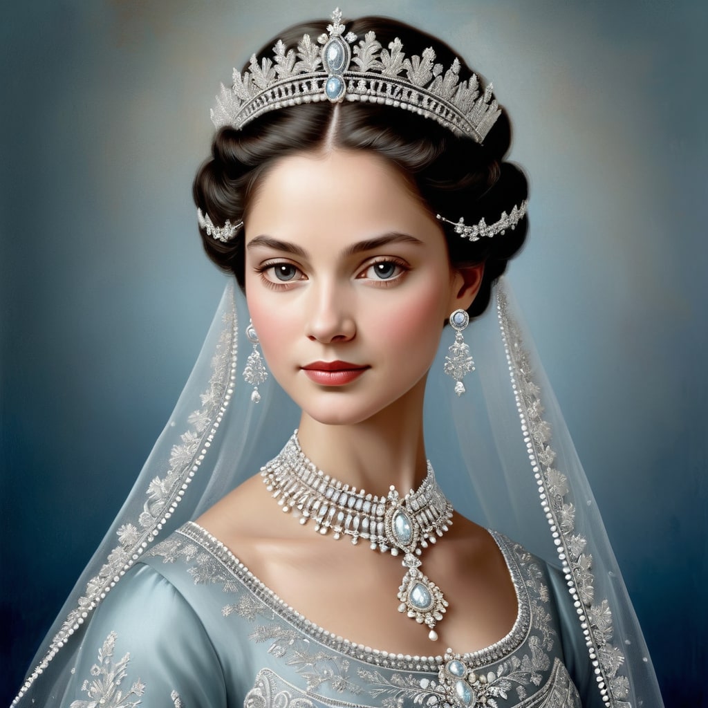 Portrait of a regal woman in a light blue dress and diamond tiara, created with Sampler: DPM++ 2M SDE and Scheduler: Karras, highlighting detailed accessories and soft lighting.