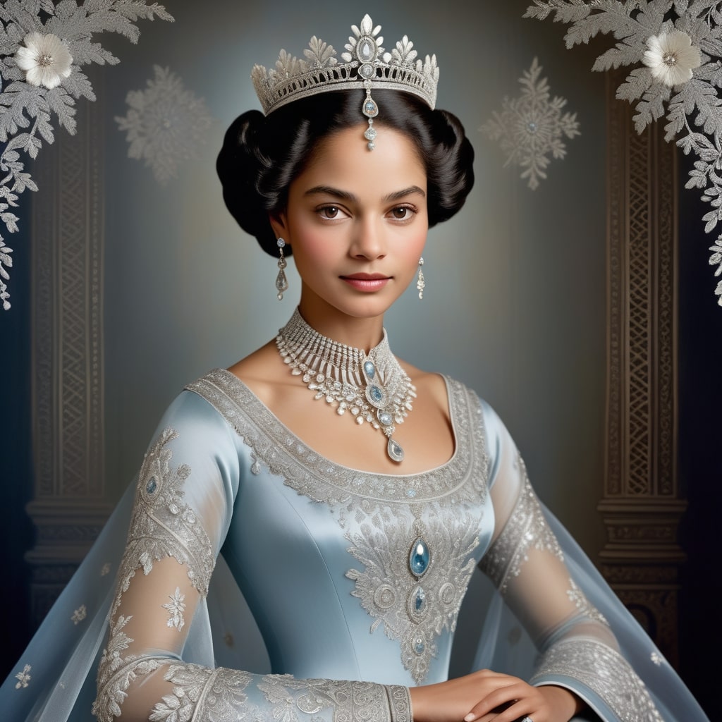 Noble woman in an ornate silver and blue gown with a bejeweled tiara, generated using Sampler: Euler a and Scheduler: Normal, emphasizing intricate embroidery and an elegant pose.