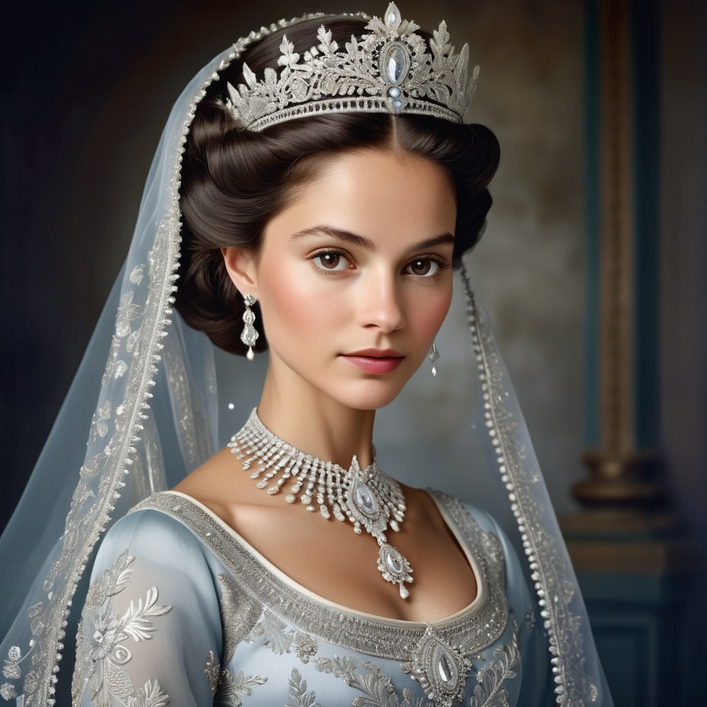 Elegant woman in a light blue royal gown and tiara, created using Sampler: DPM++ 2M SDE and Scheduler: Karras, showcasing intricate jewelry and a serene expression