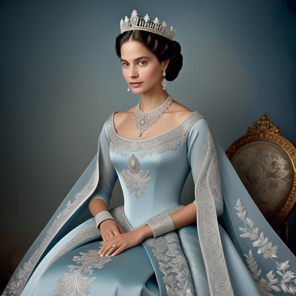 Woman in a royal blue gown and diamond tiara, created with Sampler: Euler a and Scheduler: Normal, featuring a poised expression and detailed background decor.