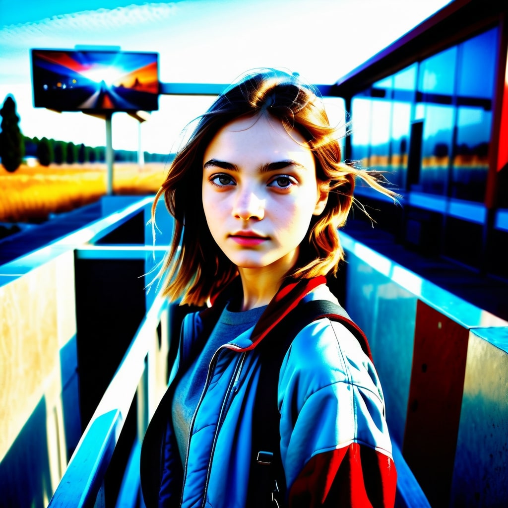 Portrait of a young woman with a backpack in an urban setting, created using CFG scale 23,  showing overly saturated colors and some visual distortions.