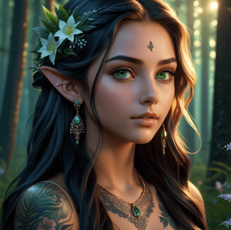 an example of generated image: photorealistic, cinematic, masterpiece, best quality, ultra-detailed, high-aesthetic, 1girl, close-up, looking at the viewer, forest background, twilight, intricate face tattoos, long flowing hair with flowers, glowing green eyes, detailed background, shimmering light effects, pointed ears, serene expression, delicate jewelry