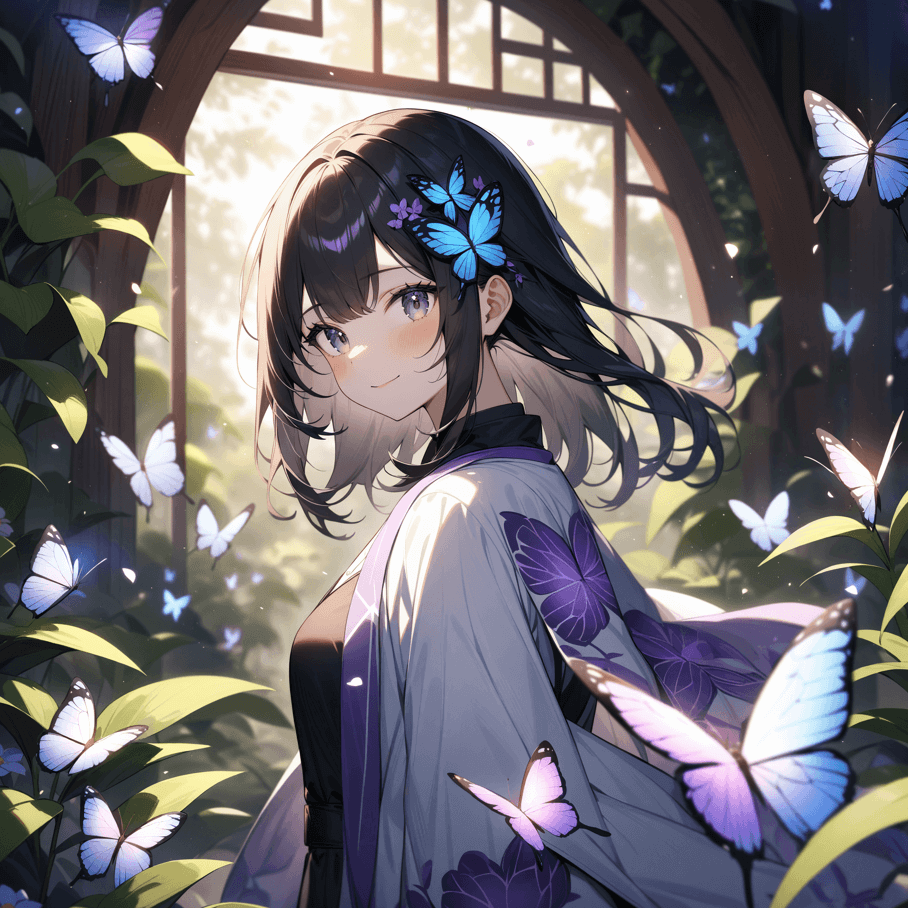 an example of generated image：masterpiece, best quality, very aesthetic, ultra-detailed, 1girl, solo, from side, looking at the viewer, ethereal butterfly grove, dawn, detailed butterfly-patterned haori, nichirin sword with a flower guard, gentle smile, black hair with purple tips, butterfly hairpin, detailed background, fluttering butterflies, glowing morning dew, soft sunlight, serene expression, misty atmosphere, magical flora