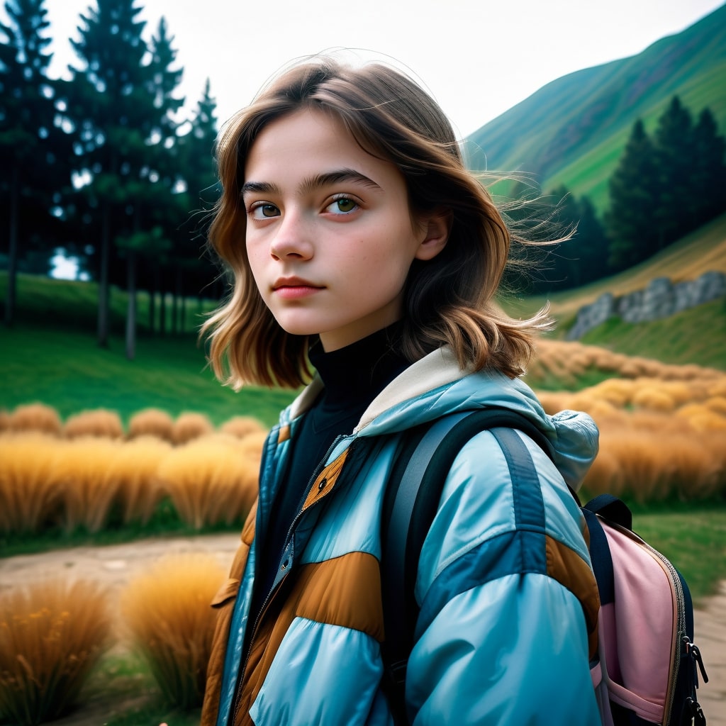 Portrait of a young woman with a backpack in a natural outdoor setting, created using CFG scale 9, highlighting a realistic and detailed background.