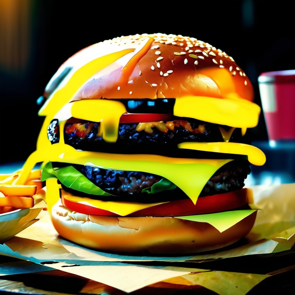 Illustration of a cheeseburger with multiple layers, created using 15 steps, showcasing more abstract and less detailed appearance.