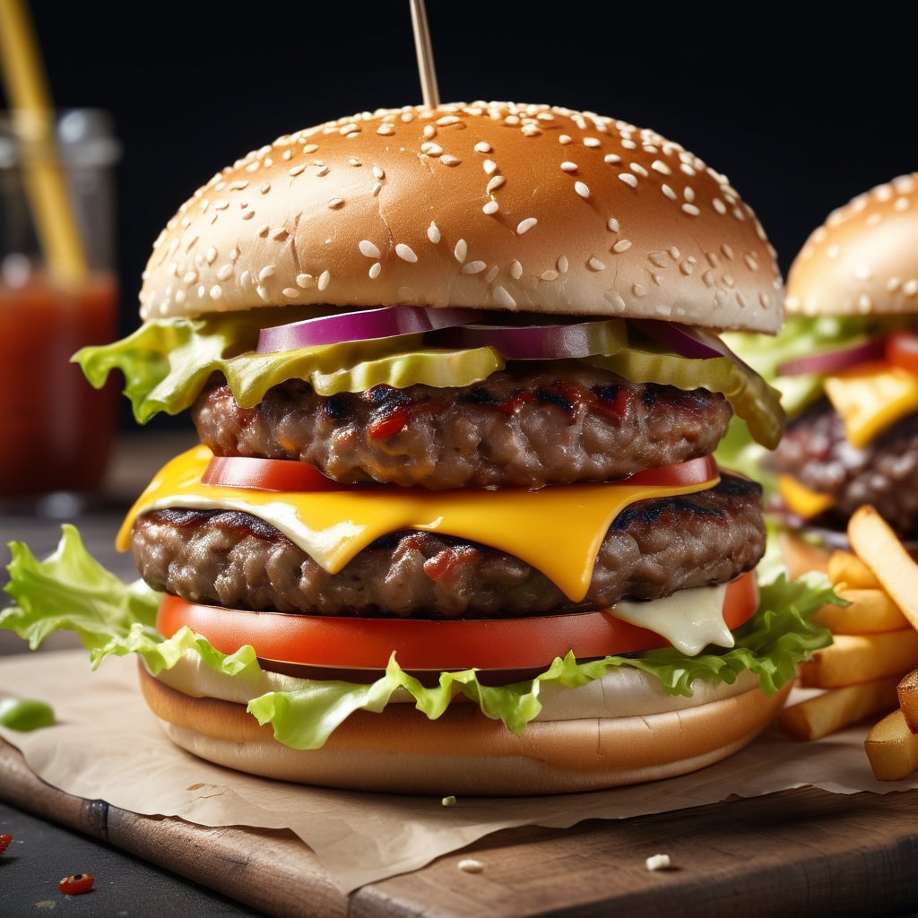 Photograph of a double cheeseburger with lettuce, tomato, and onion, created using 35 steps, highlighting realistic textures and detailed ingredients.