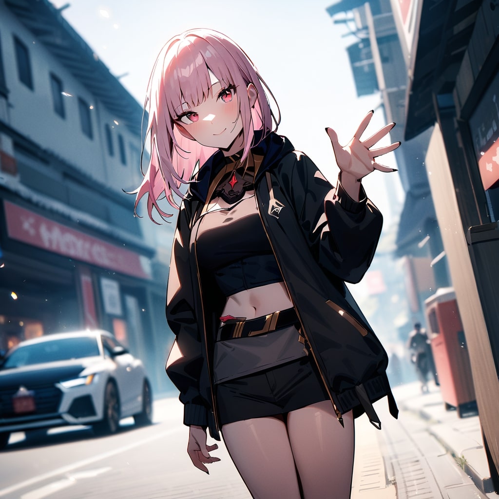 Anime-style illustration of a young woman with pink hair in a modern city street, created with a negative prompt, showcasing a detailed and polished appearance.