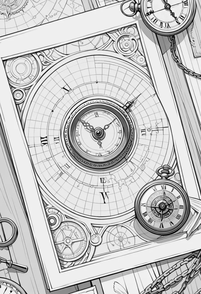 AI line art of objects and tools - pocket watches and papers on the table