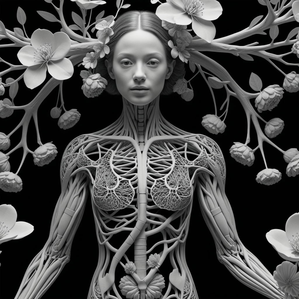 Surrealist Art - a 3d woman in flowers with flowers and shaped branches