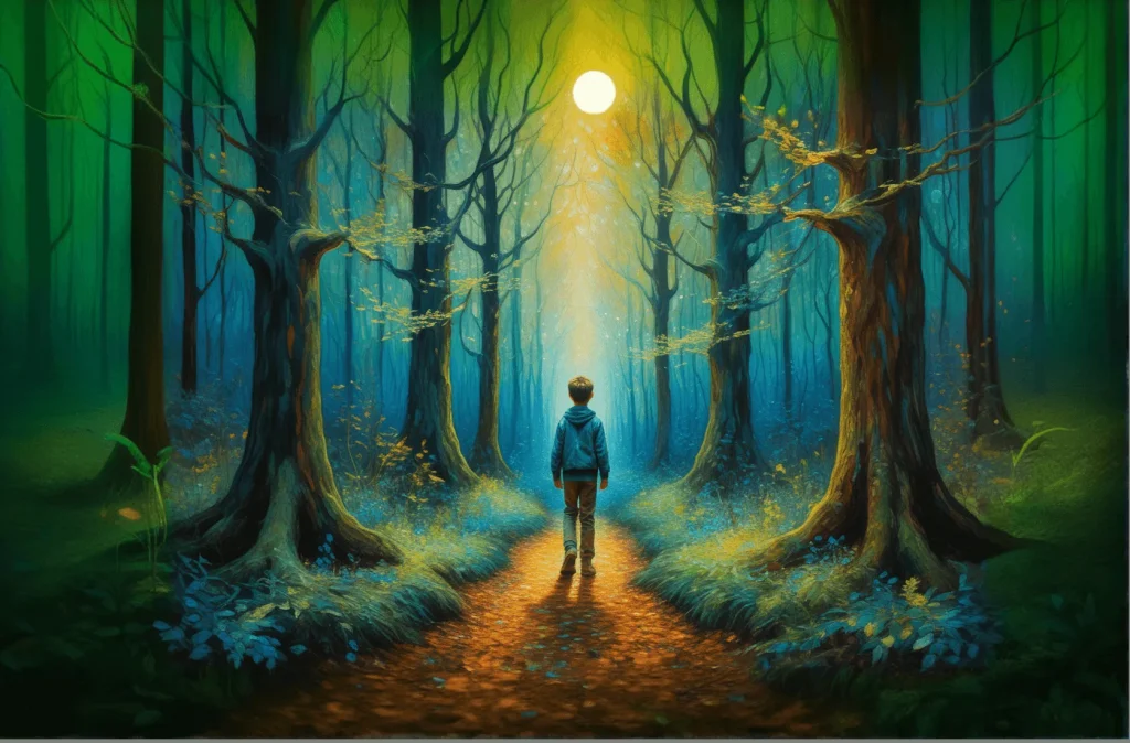 the expanded oil painting of a little boy in the forest