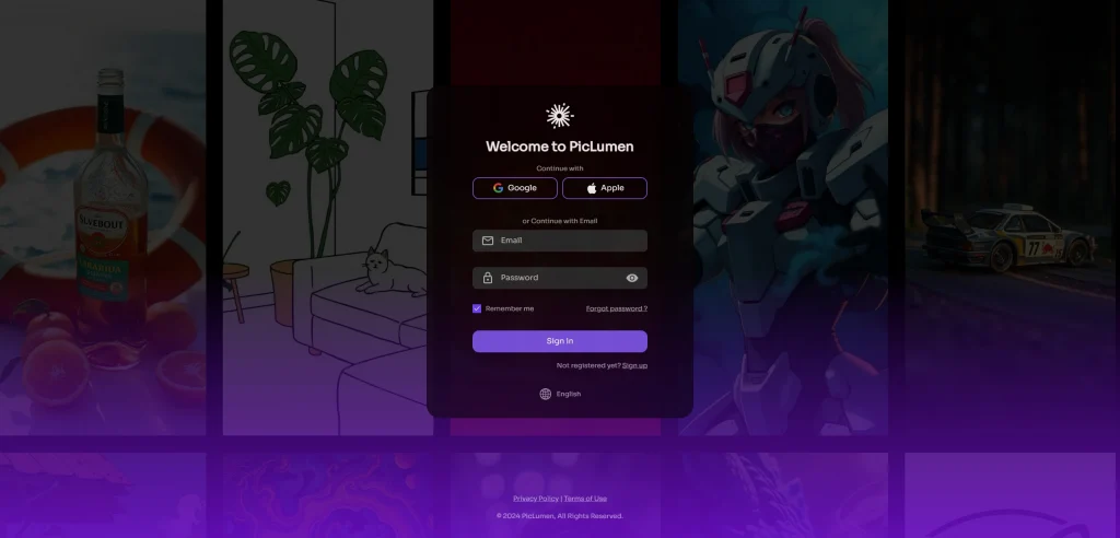 new sign in page of PicLumen AI art generator