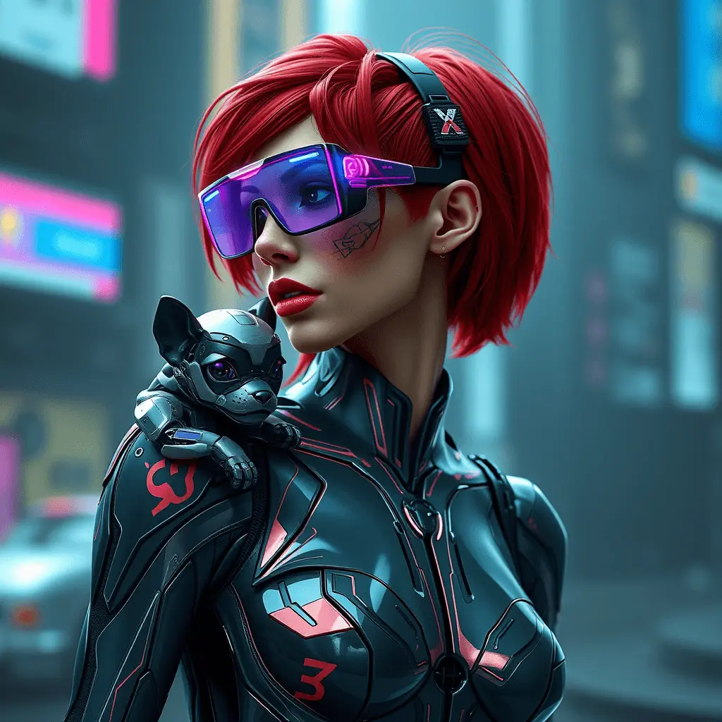 cyberpunk character of a woman with red hair and a robot dog on her shoulder