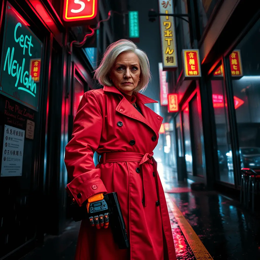 a cool lady wearing red coat with a gun on her hand