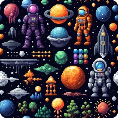 space elements in pixel art style