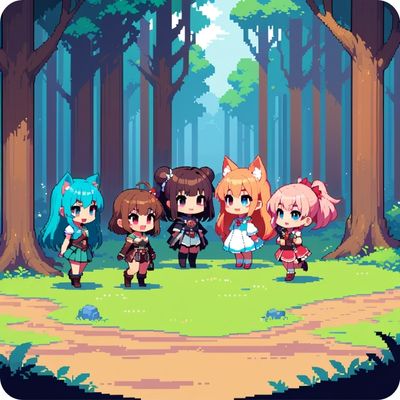 5 pixel rpg game's characters in the forest