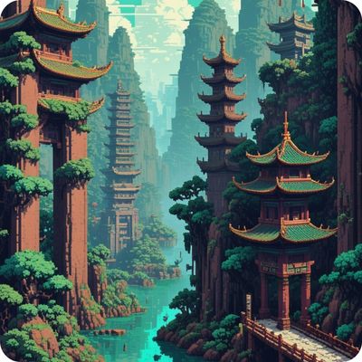 pixelated Chinese landscape painting