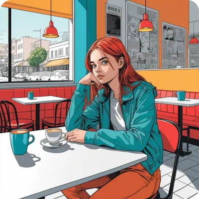 American comic style illustration of a red hair girl in the cafe