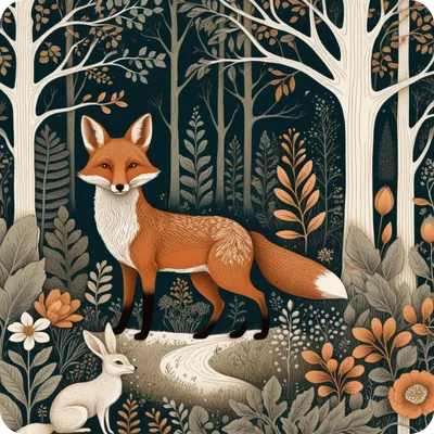 Fairy tale illustration about a fox and a rabbit in the forest