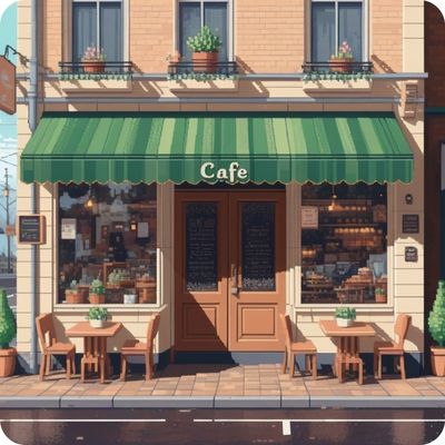 a 8-bit pixel art style cafe shop