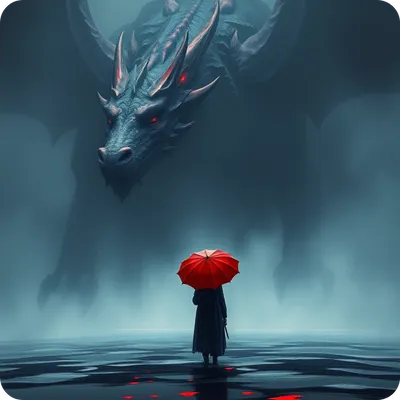 ai fantasy art of a killer with a red umbrella facing at a dragon