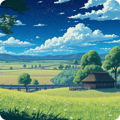 anime style ai illustration of s peaceful countryside with huge field