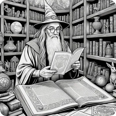 black-and-white illustration of an aged male wizard in his study full of magic books